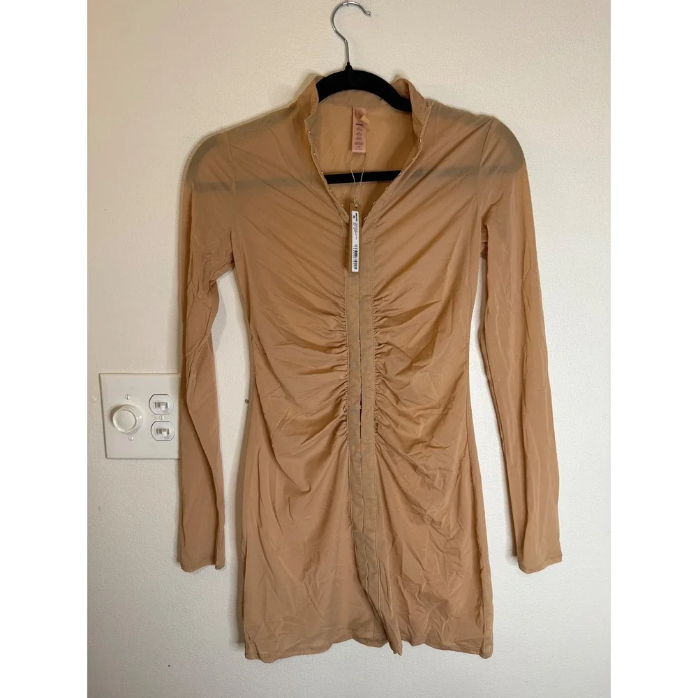 SKIMS Mesh Cover-up Ruched Dress in Almond Size XS NWT‎